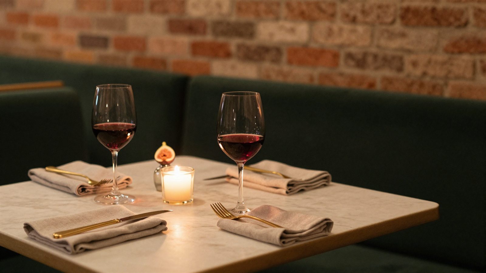 A laid table for two with wine, candlelight and linen at The Copper Fig