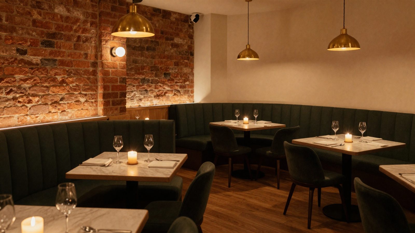 The candlelit dining room at The Copper Fig, with green banquette seating and exposed brick